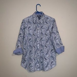 Chaps No Iron Blue Paisley and Checkered Blouse